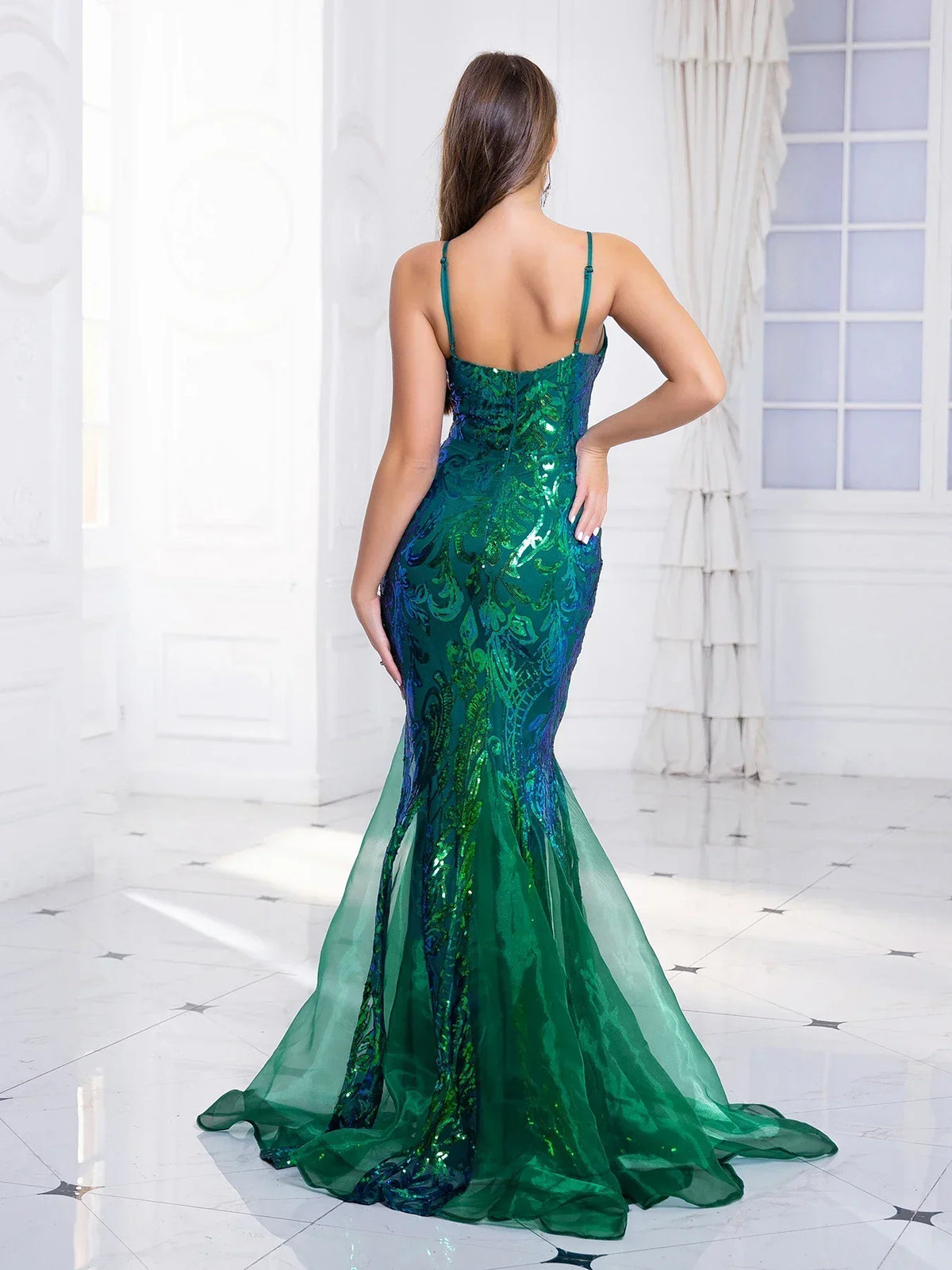 Deep V-Neck Spaghetti Strap Sequin Fishtail Maxi Gown 4