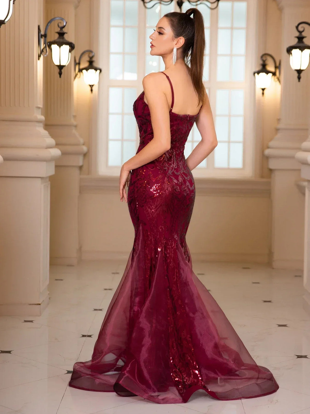 Deep V-Neck Spaghetti Strap Sequin Fishtail Maxi Gown 6