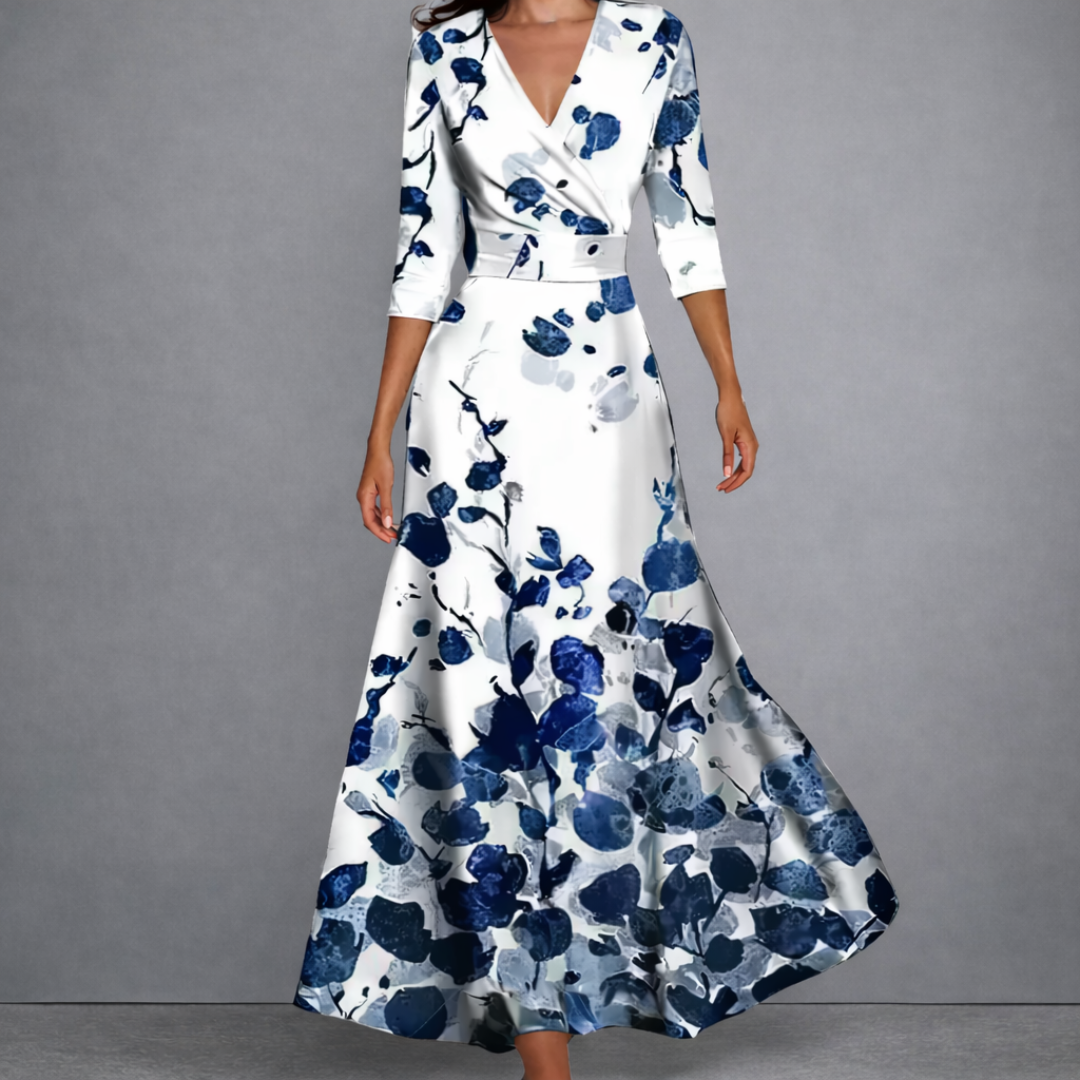 Floral Print V-Neck Wrap Long Sleeve A-Line Maxi Dress