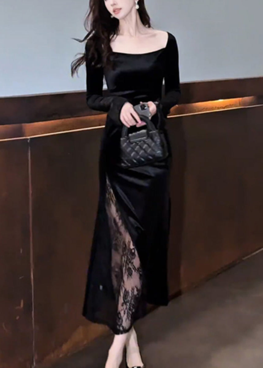 Velvet Square Neck Long Sleeve Lace Panel High Split Maxi Gown - View 4