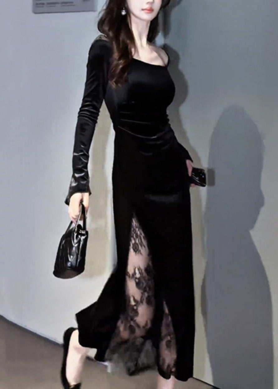 Velvet Square Neck Long Sleeve Lace Panel High Split Maxi Gown - View 5