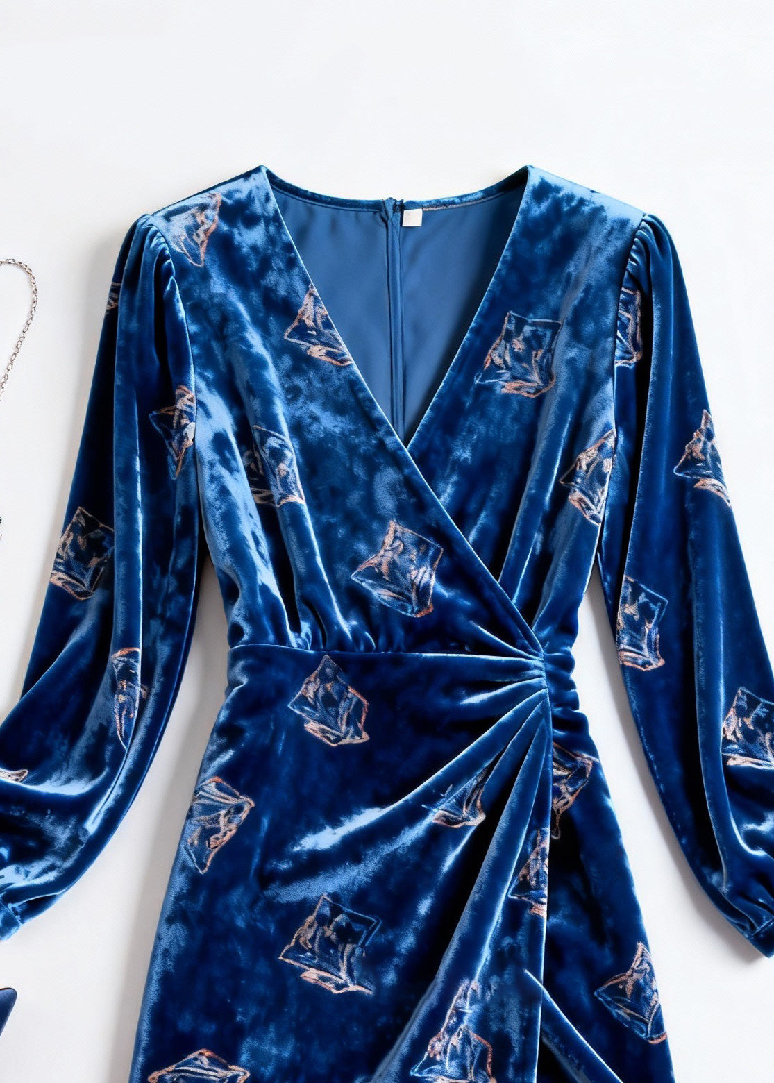 Velvet Sailboat Print Deep V-Neck Wrap Long Sleeve Midi Dress - View 2