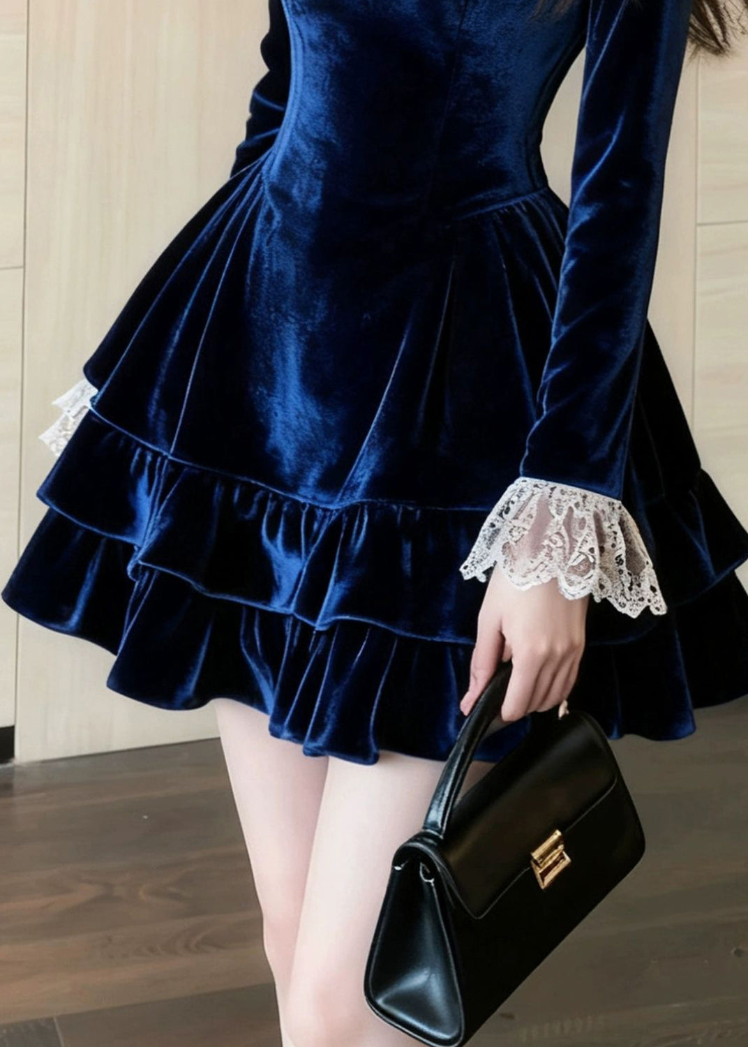 Slim Fit Blue Ruffled Lace Patchwork Silk Velvet Mini Dresses Spring - View 4