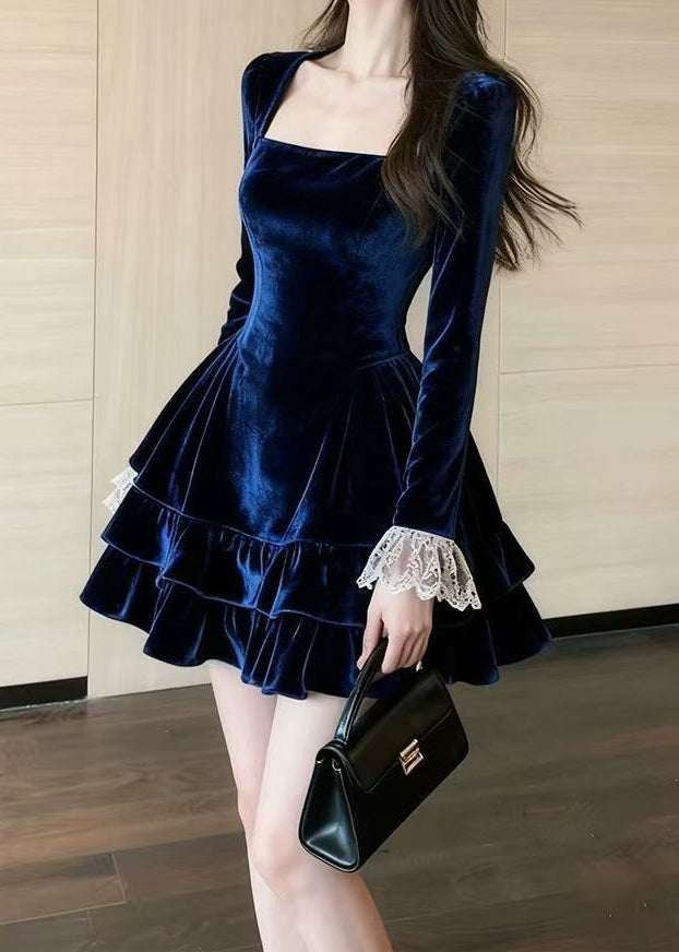 Slim Fit Blue Ruffled Lace Patchwork Silk Velvet Mini Dresses Spring - View 5