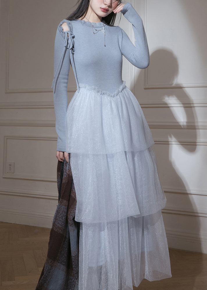 Slim Fit Blue Ruffled Up Tulle Patchwork Knit Long Dresses Fall - View 2