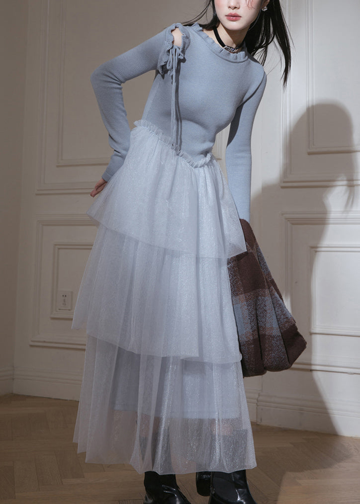 Slim Fit Blue Ruffled Up Tulle Patchwork Knit Long Dresses Fall - View 3