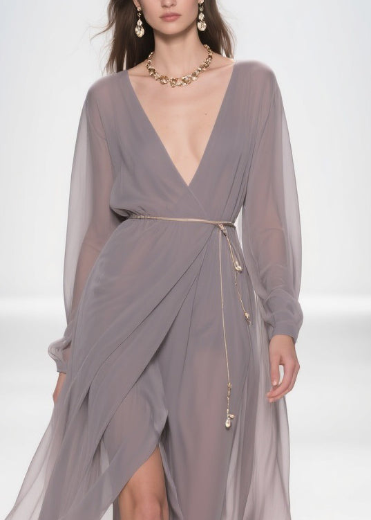 Chiffon Deep V-Neck Long Sleeve Wrap High Split Maxi Gown - View 2