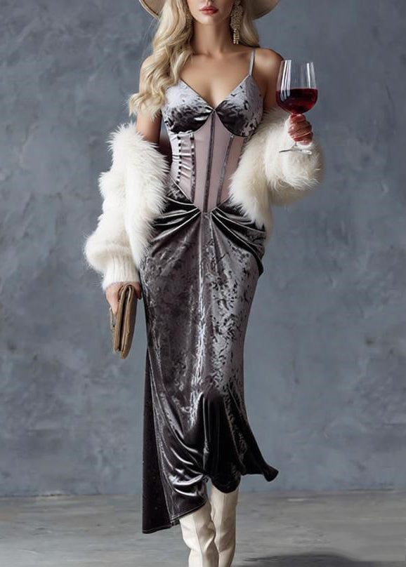 Velvet Corset Bodice Spaghetti Strap V-Neck Draped Maxi Gown - View 5
