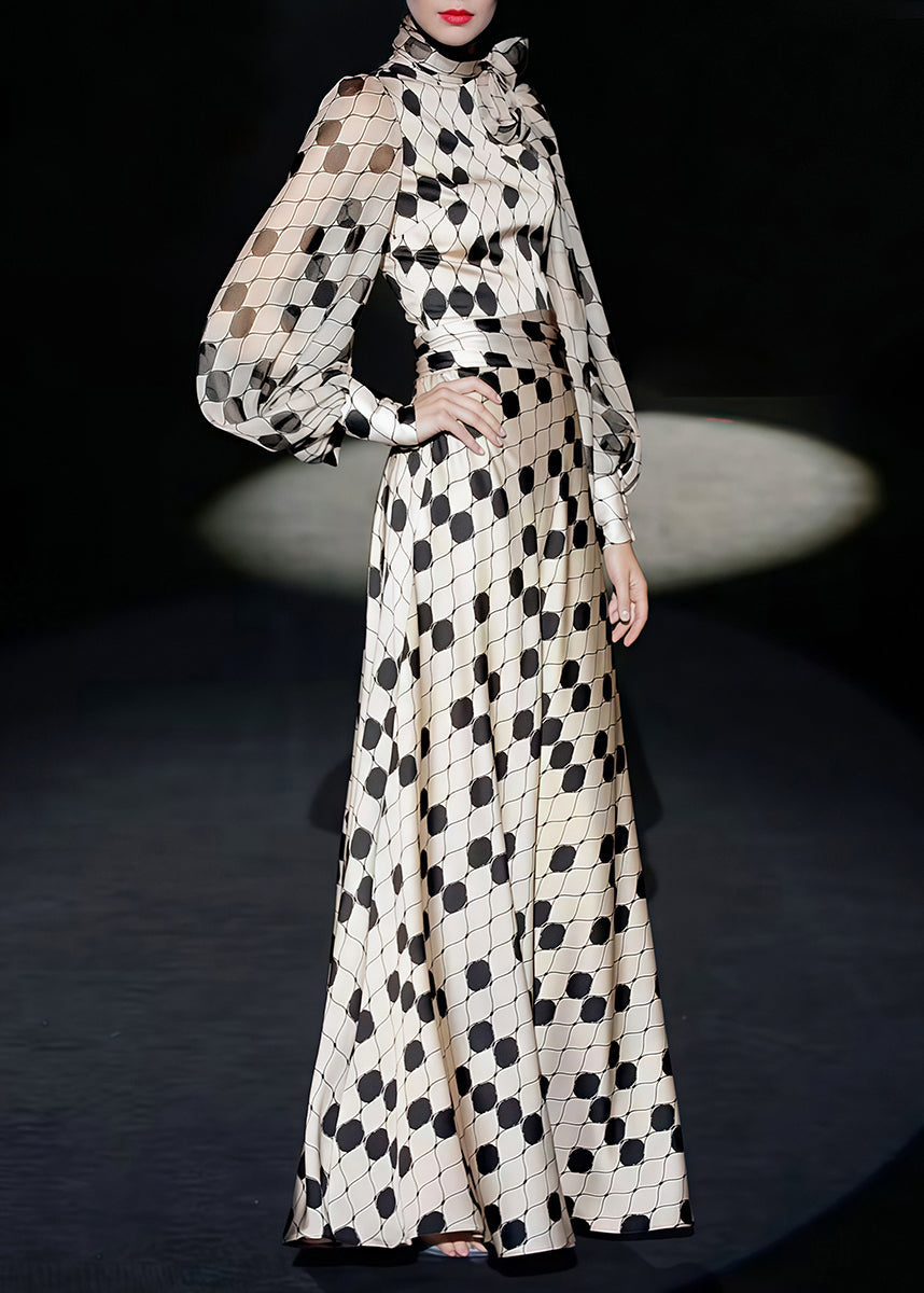 Polka Dot Lace Up Collar Balloon Sleeve Maxi Dress - View 2