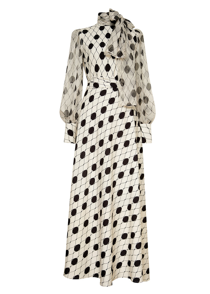 Polka Dot Lace Up Collar Balloon Sleeve Maxi Dress - View 4