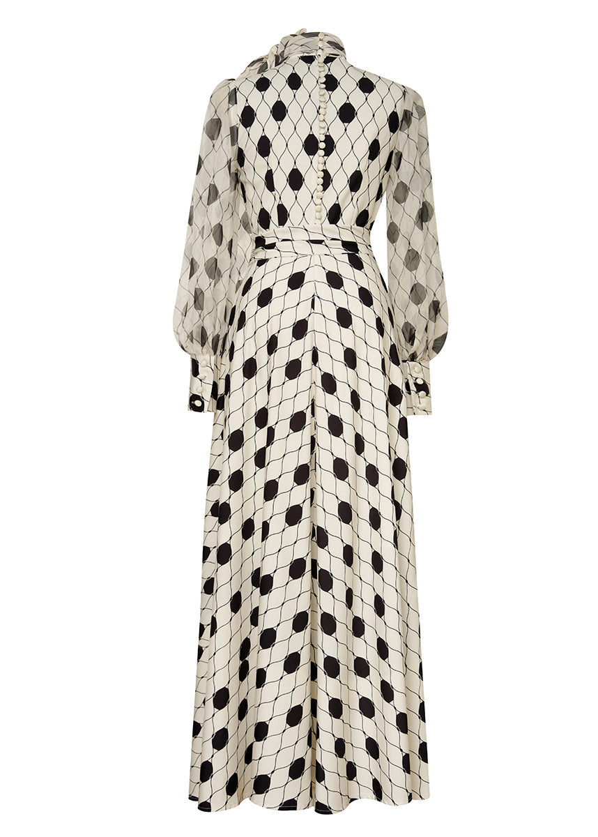 Polka Dot Lace Up Collar Balloon Sleeve Maxi Dress - View 5