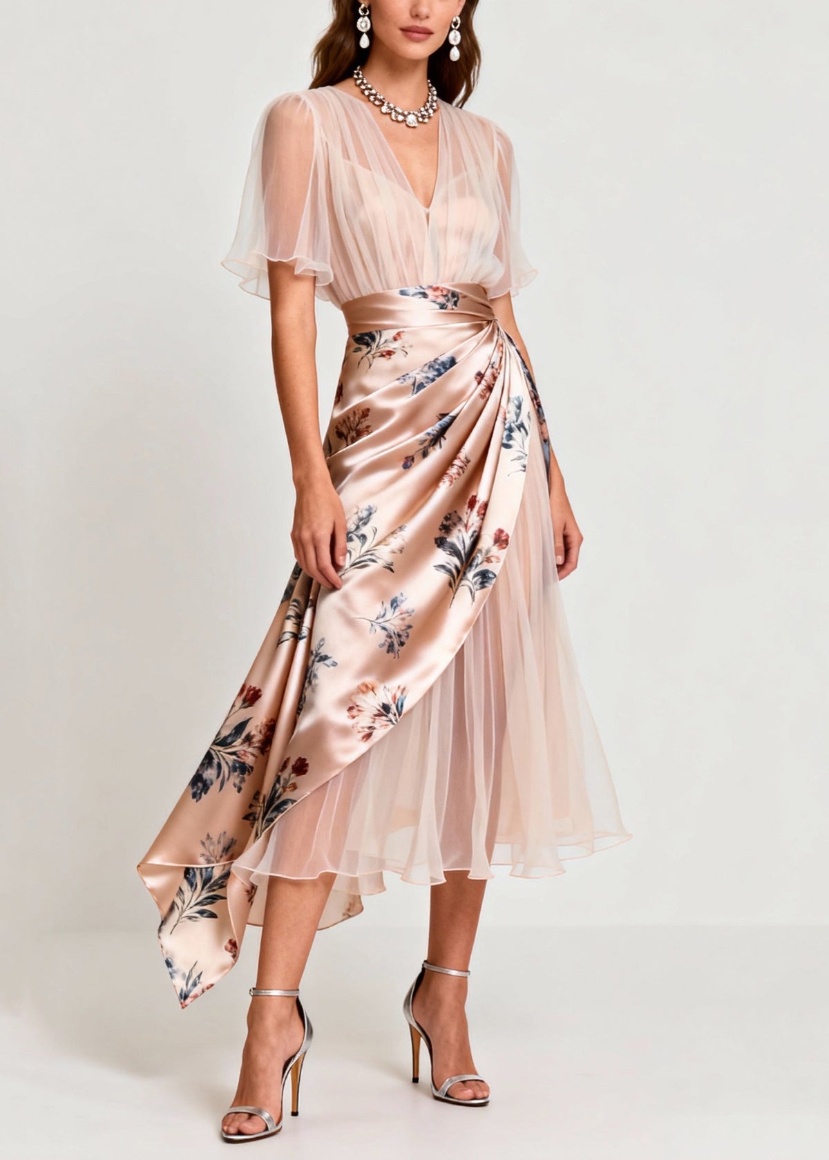 Floral Satin Sheer V-Neck Butterfly Sleeve Wrap Midi Dress