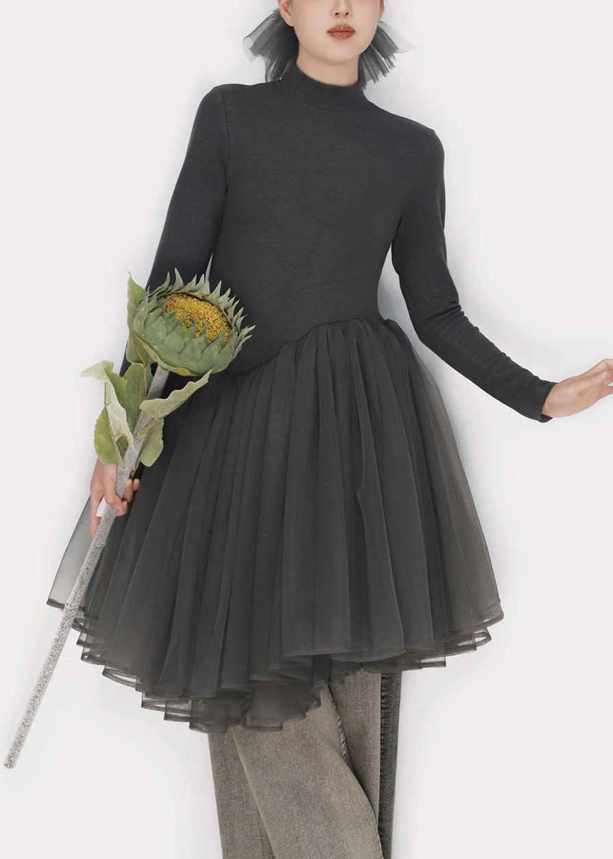 Slim Fit Smoky Gray Asymmetrical Tulle Patchwork Mini Dress Winter