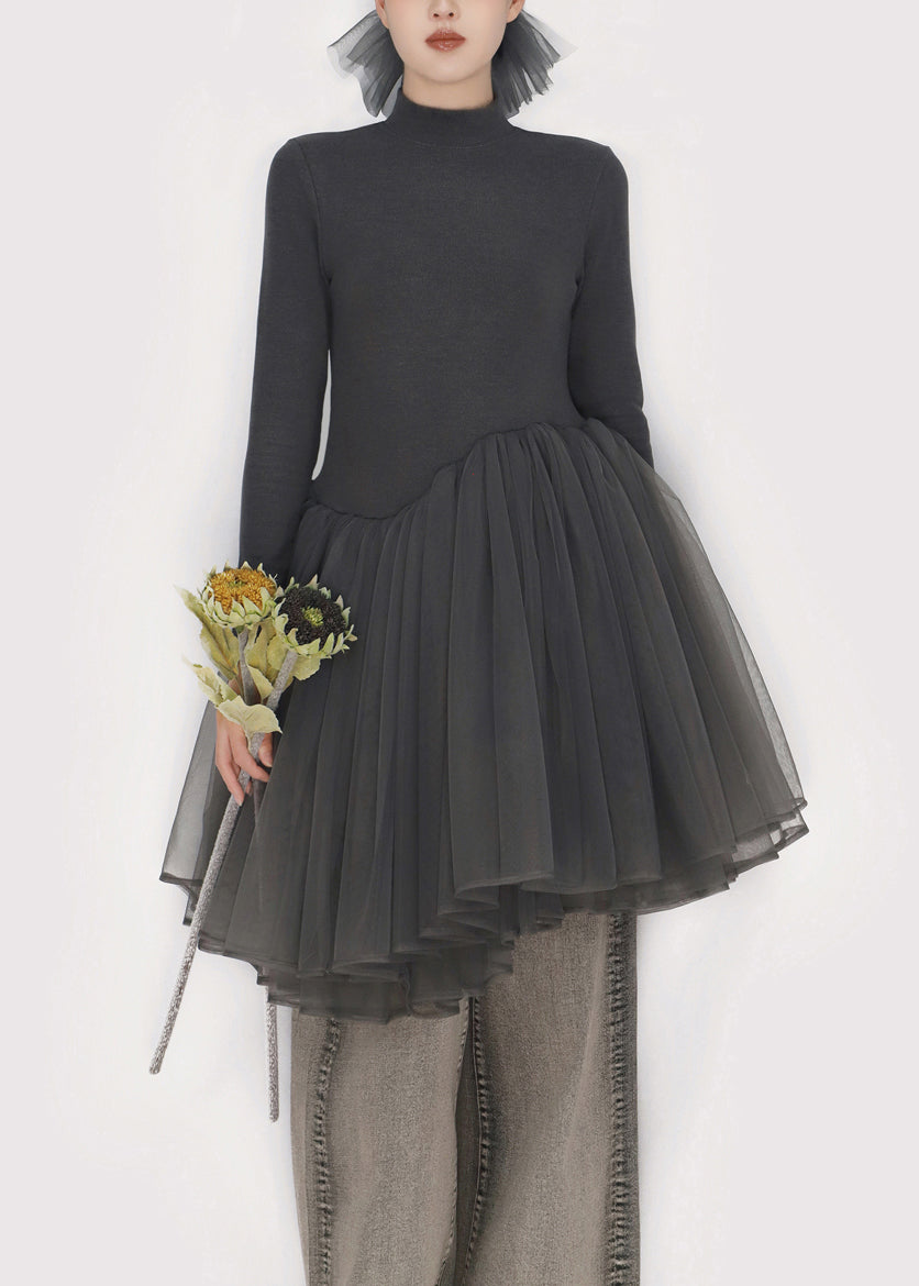 Slim Fit Smoky Gray Asymmetrical Tulle Patchwork Mini Dress Winter - View 2