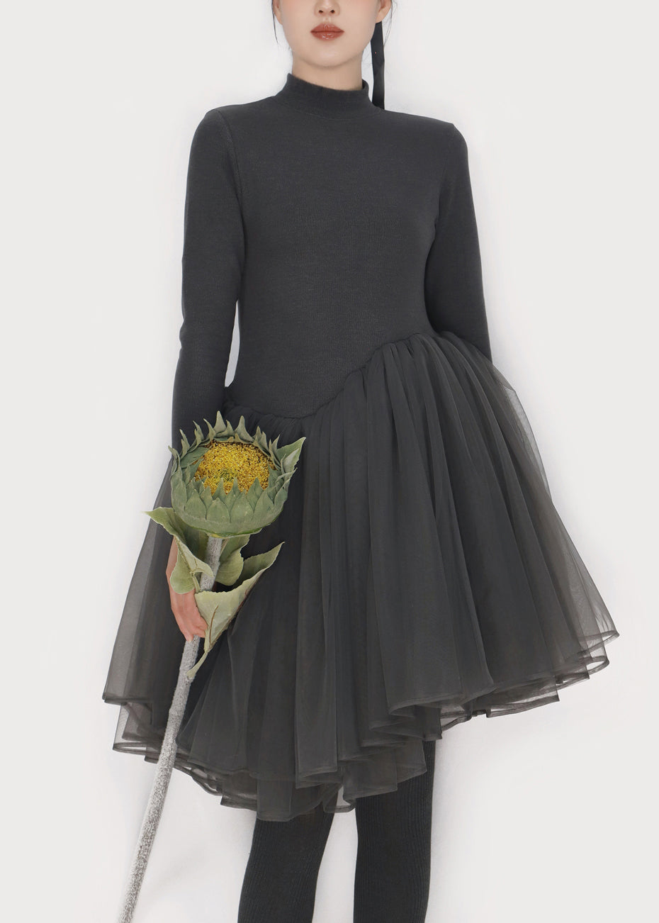 Slim Fit Smoky Gray Asymmetrical Tulle Patchwork Mini Dress Winter - View 3