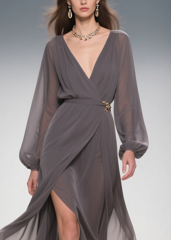 Chiffon Wrap Deep V-Neck Bishop Sleeve Jeweled Buckle Maxi Gown - View 2