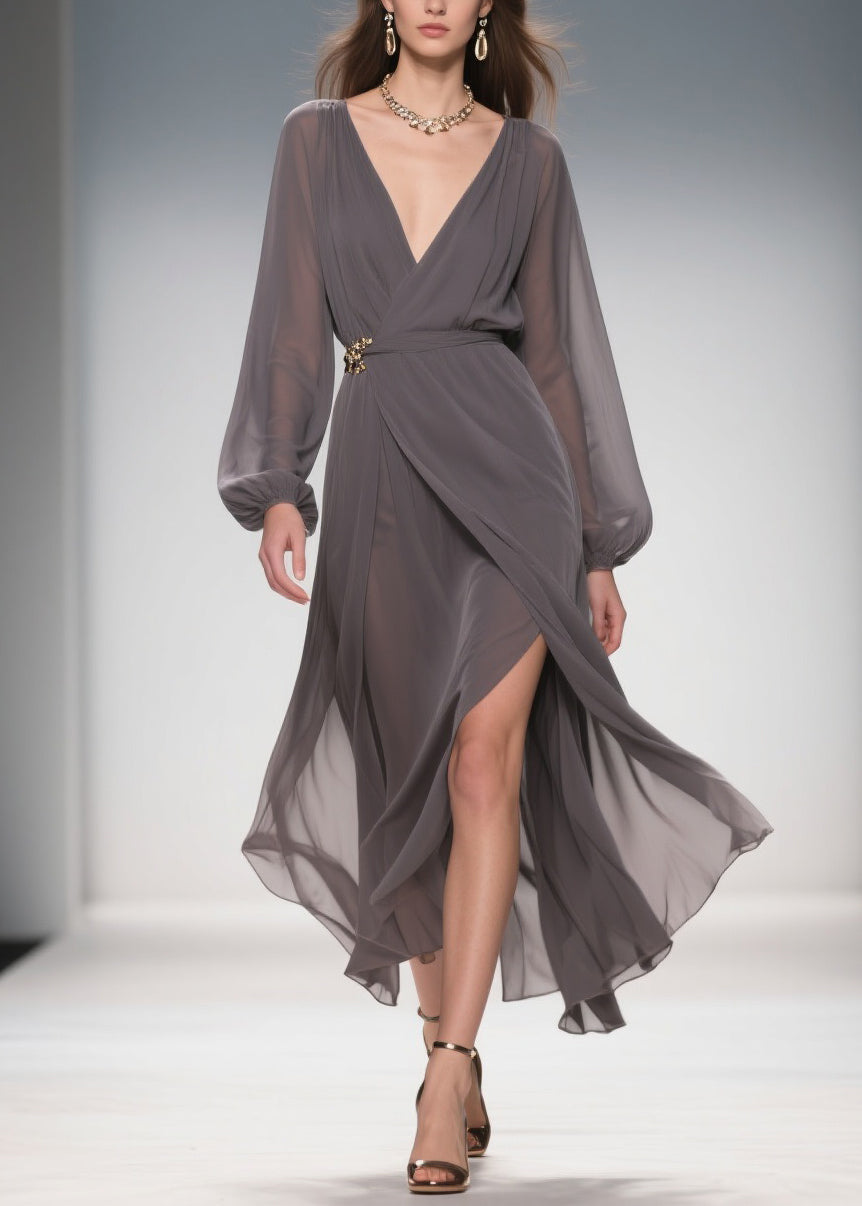 Chiffon Wrap Deep V-Neck Bishop Sleeve Jeweled Buckle Maxi Gown - View 3