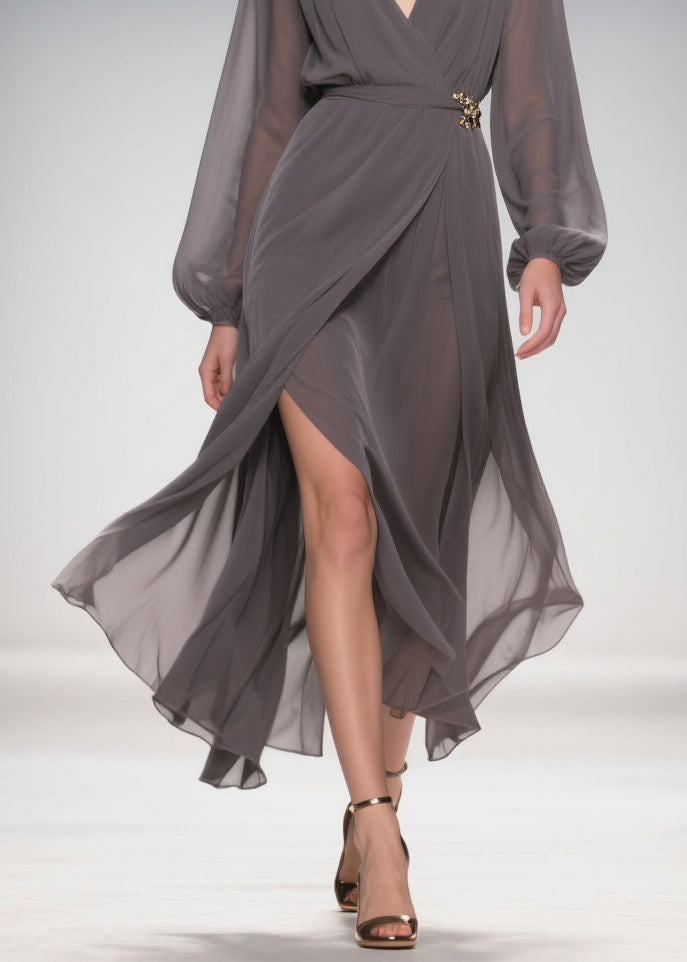 Chiffon Wrap Deep V-Neck Bishop Sleeve Jeweled Buckle Maxi Gown - View 4