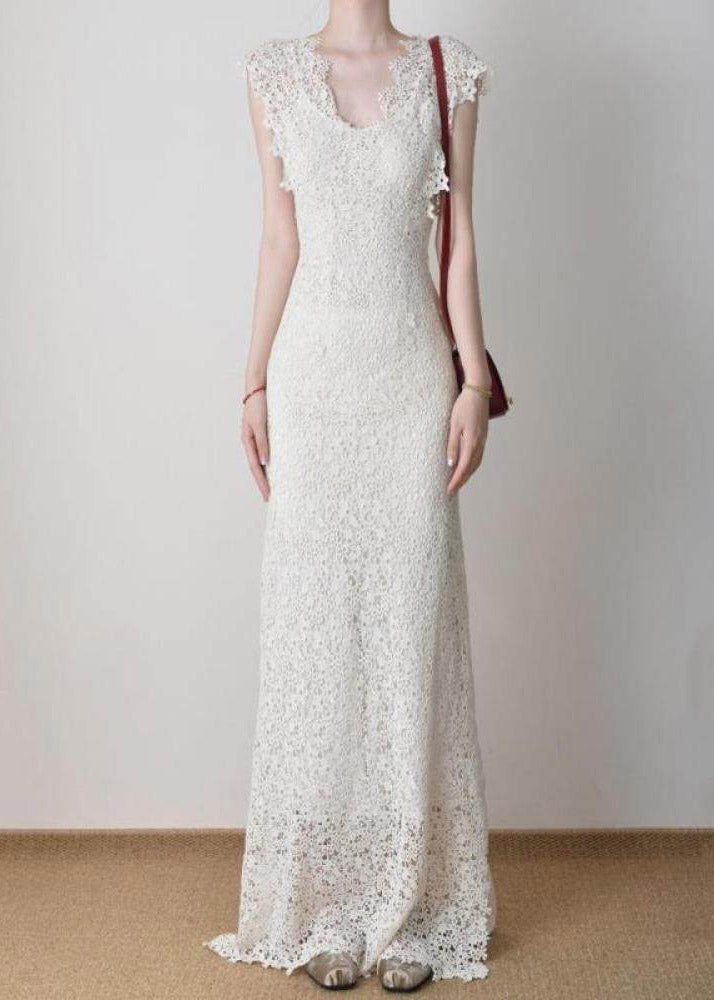 Crochet Lace V-Neck Cap Sleeve Slim Maxi Dress - View 3