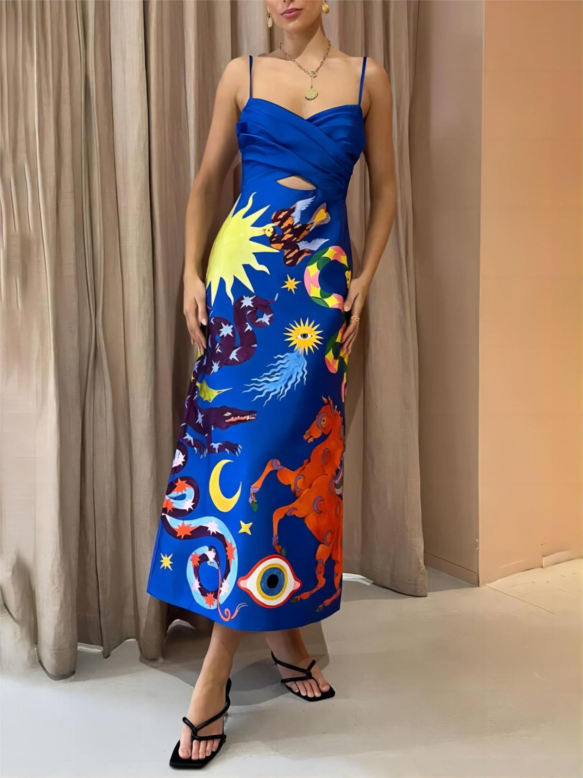 Summer Sexy Satin Backless Printed Sleeveless Midi Dress in Blue