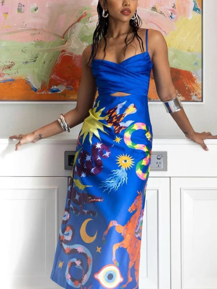 Summer Sexy Satin Backless Printed Sleeveless Midi Dress in Blue - View 2