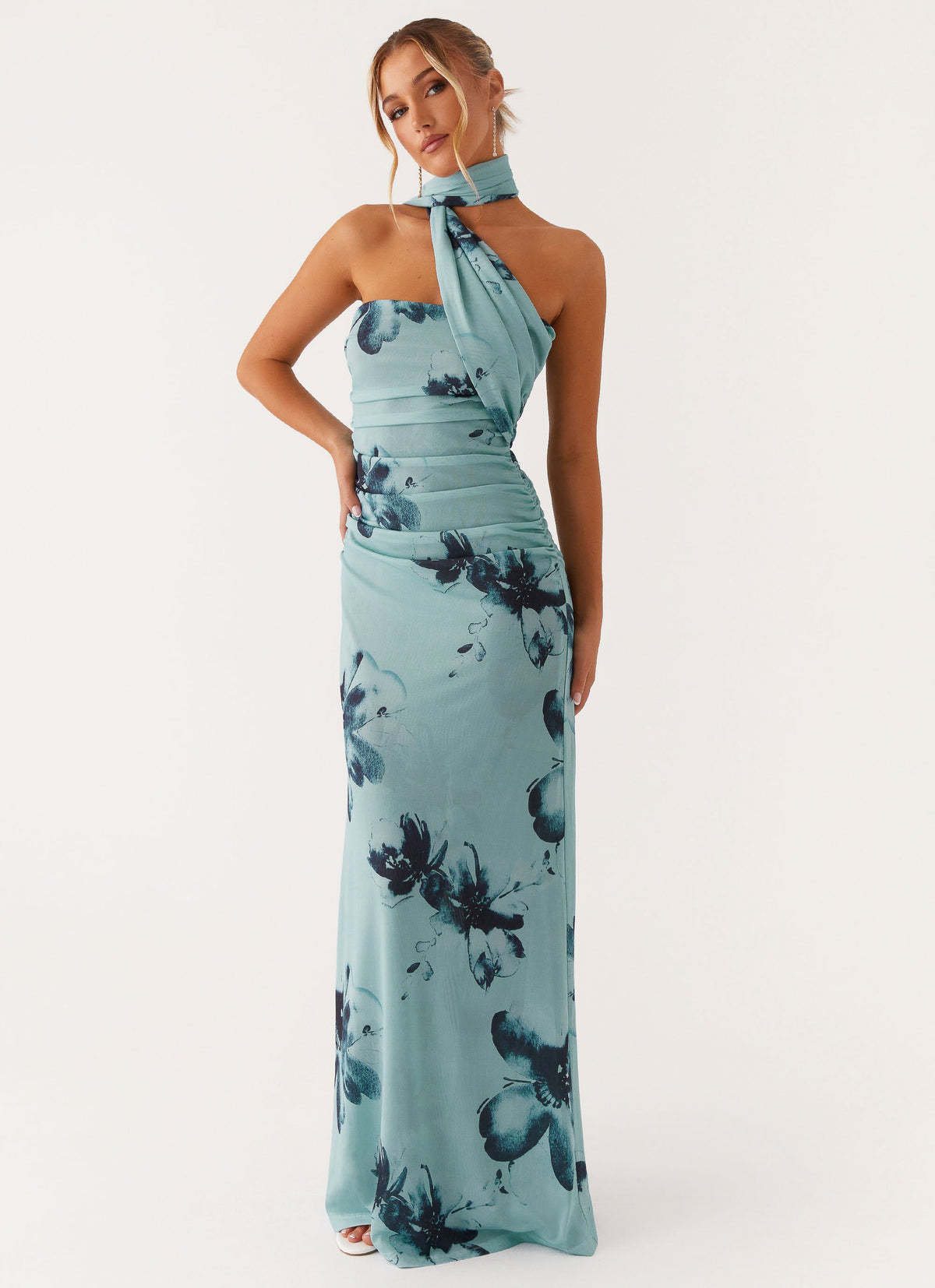 Floral Halter Neck Ruched Mermaid Maxi Dress 4