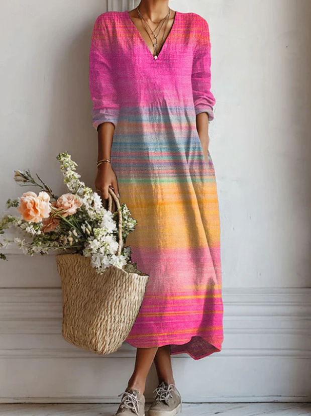 Ombre Stripe V-Neck Long Sleeve Maxi Dress