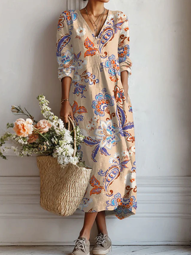 V-Neck Long Sleeve Paisley Floral Print Pocket Maxi Dress