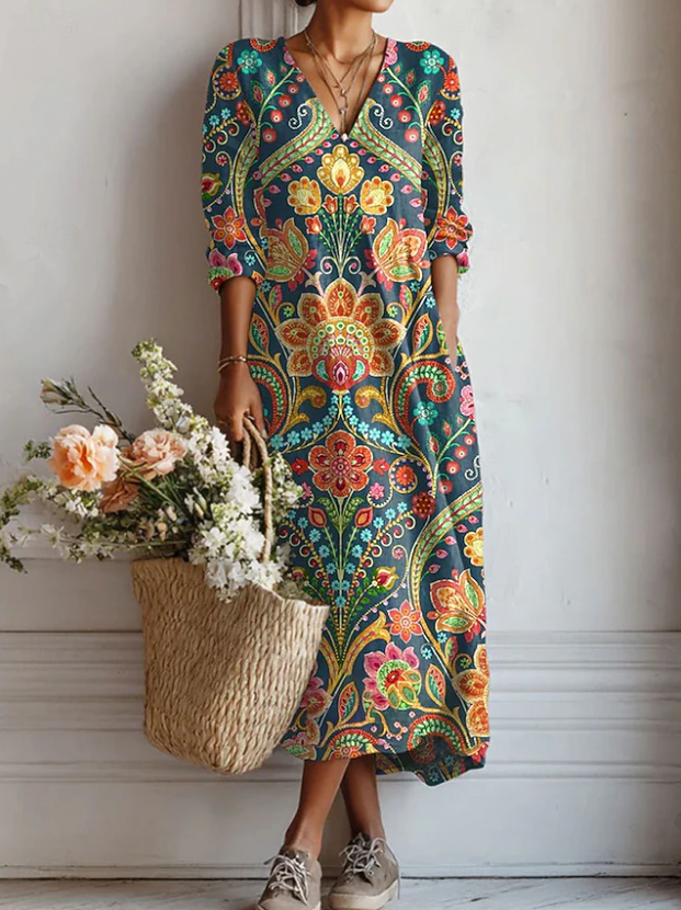 Floral V-Neck Long Sleeve Bohemian Maxi Dress