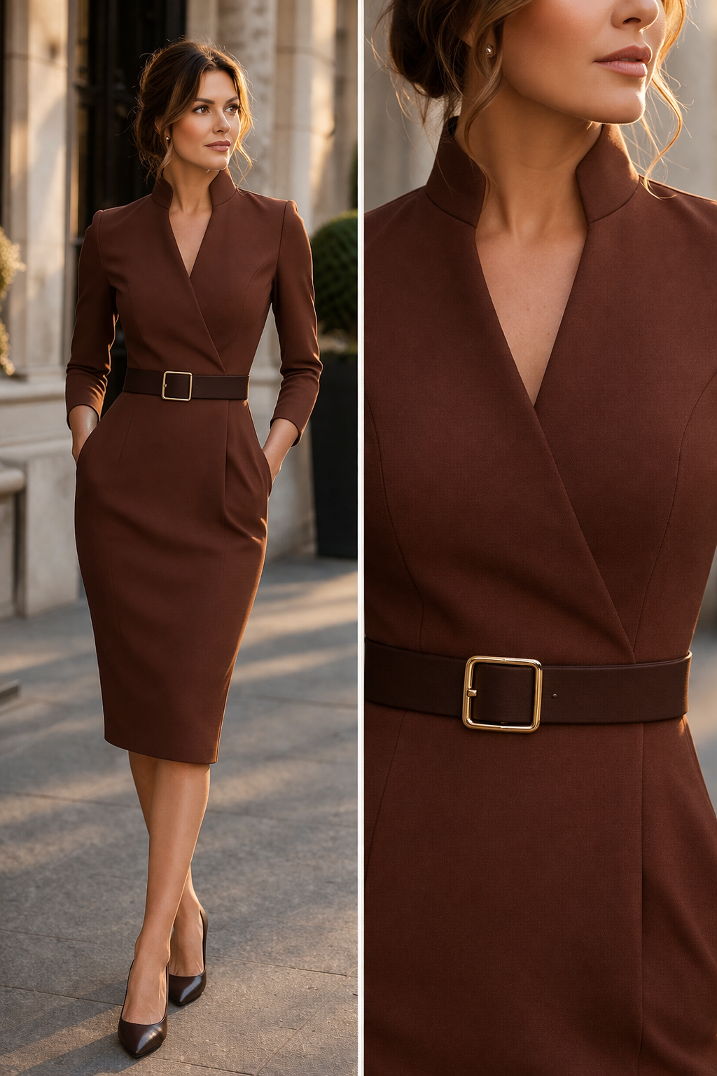 Stand Collar Wrap Front Belted Long Sleeve Midi Pencil Dress 10