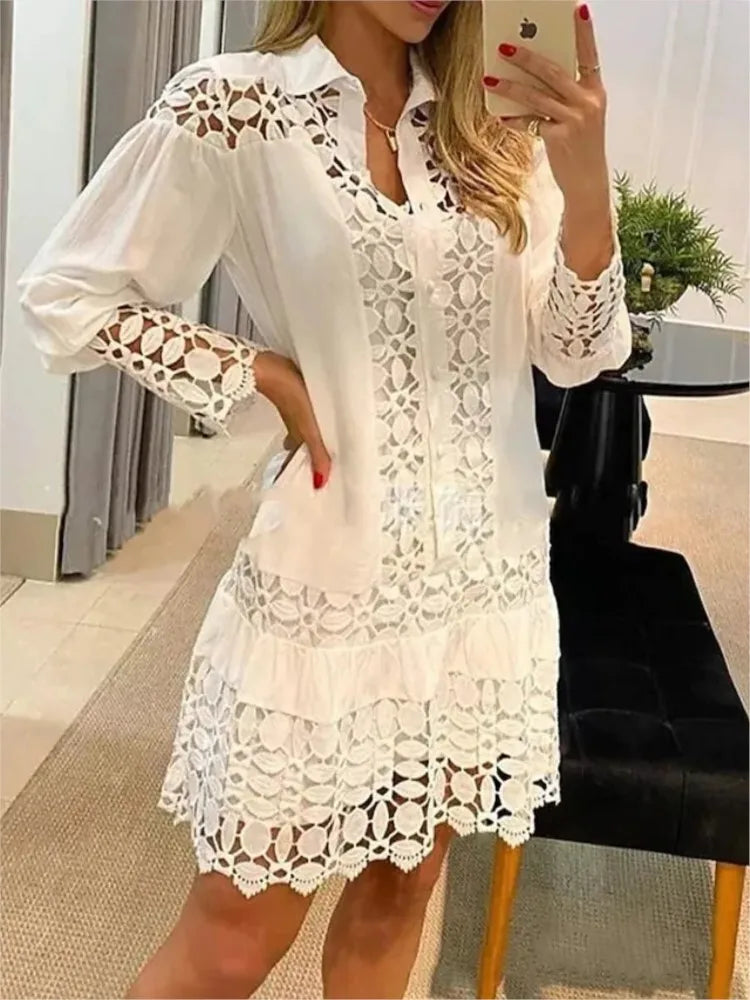 Eyelet Lace Button Down Long Sleeve Tiered Mini Dress - View 2