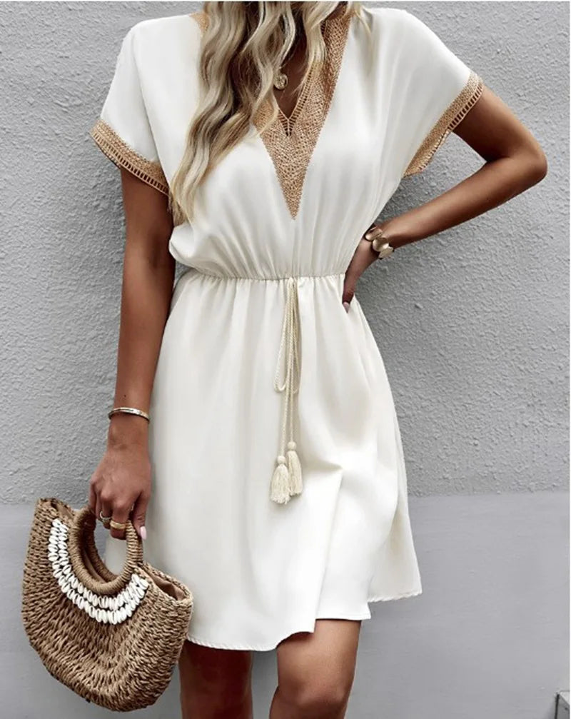 Fresh Sweet Solid Short Lace VNeck Waist Panel Skirt Midi Dresses - View 12