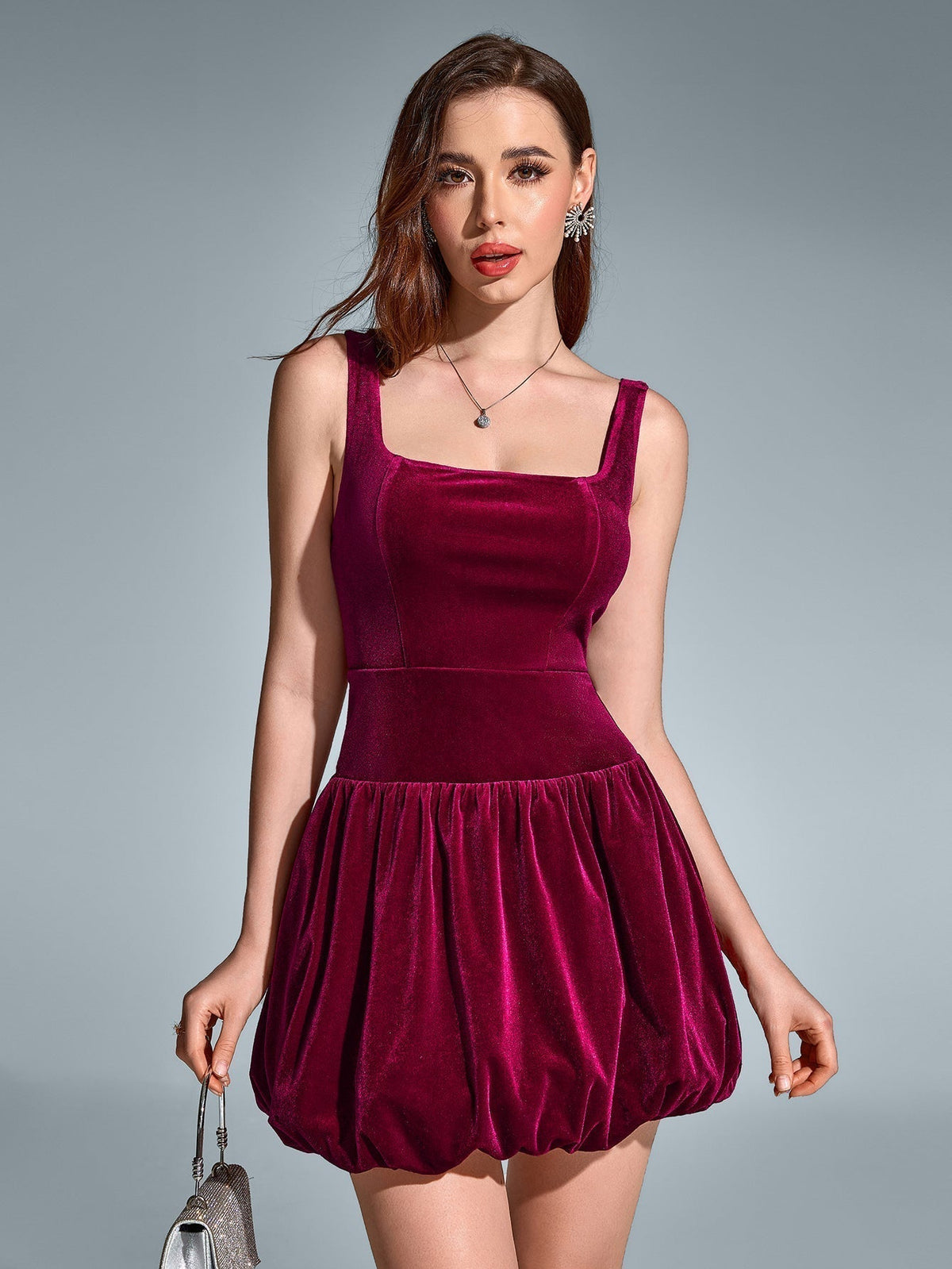 Square Neck Backless Velvet Pleated Hem Dress