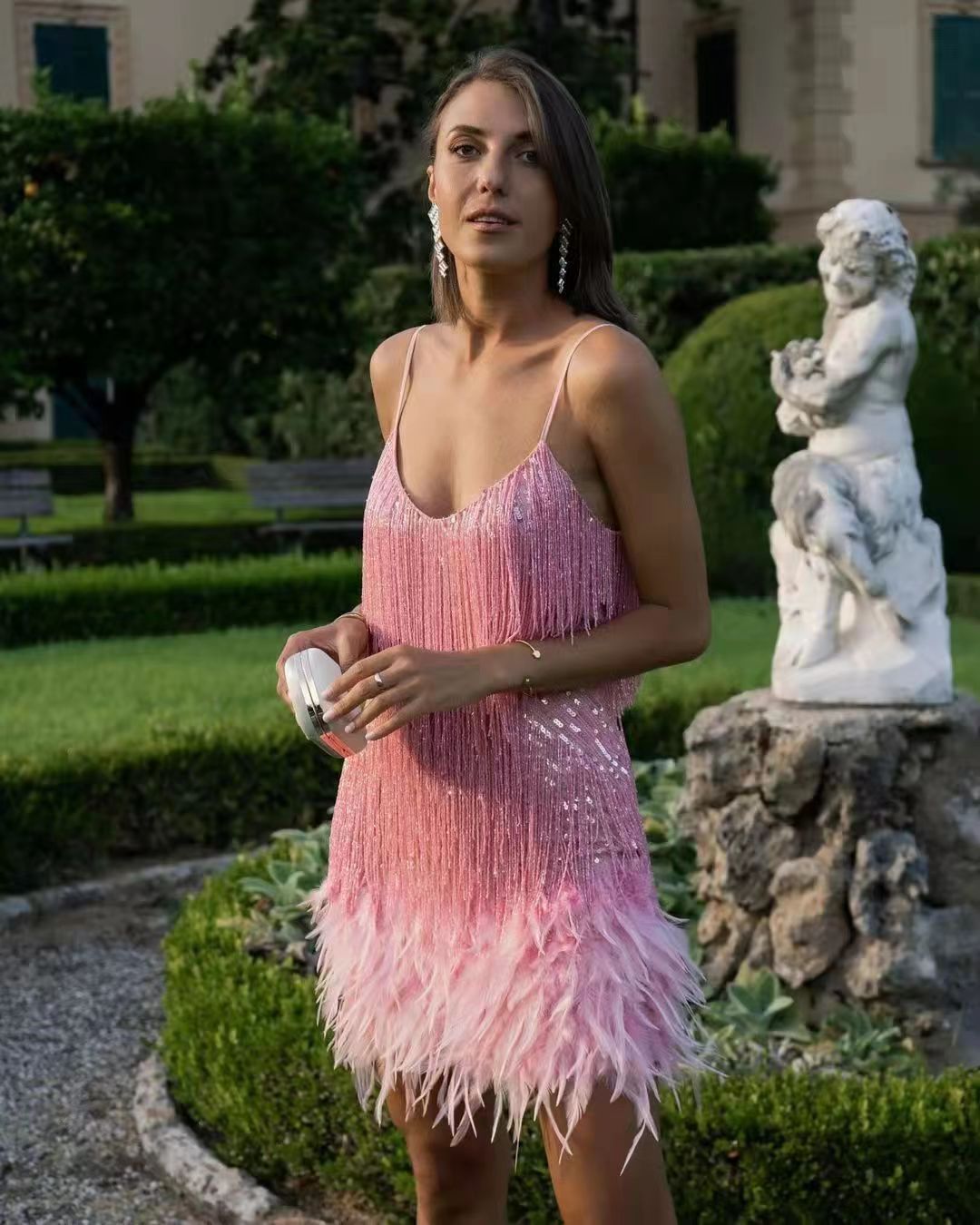 Sequin Fringe Feather Trim V-Neck Bodycon Mini Party Dress - View 6
