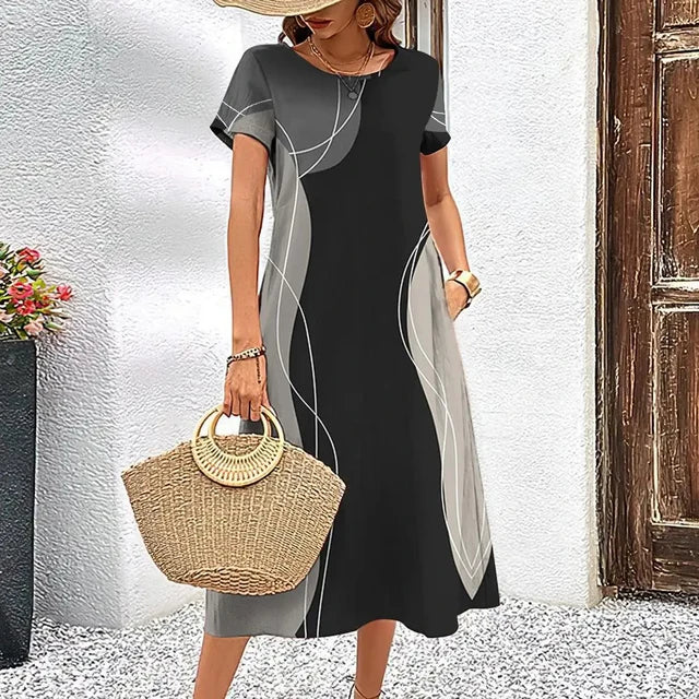 Abstract Print Round Neck Short Sleeve Pocket A-Line Midi Dress - View 5