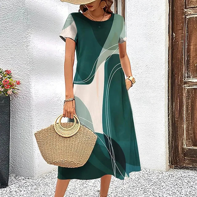 Abstract Print Round Neck Short Sleeve Pocket A-Line Midi Dress
