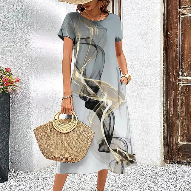 Abstract Print Round Neck Short Sleeve Pocket A-Line Midi Dress - View 2