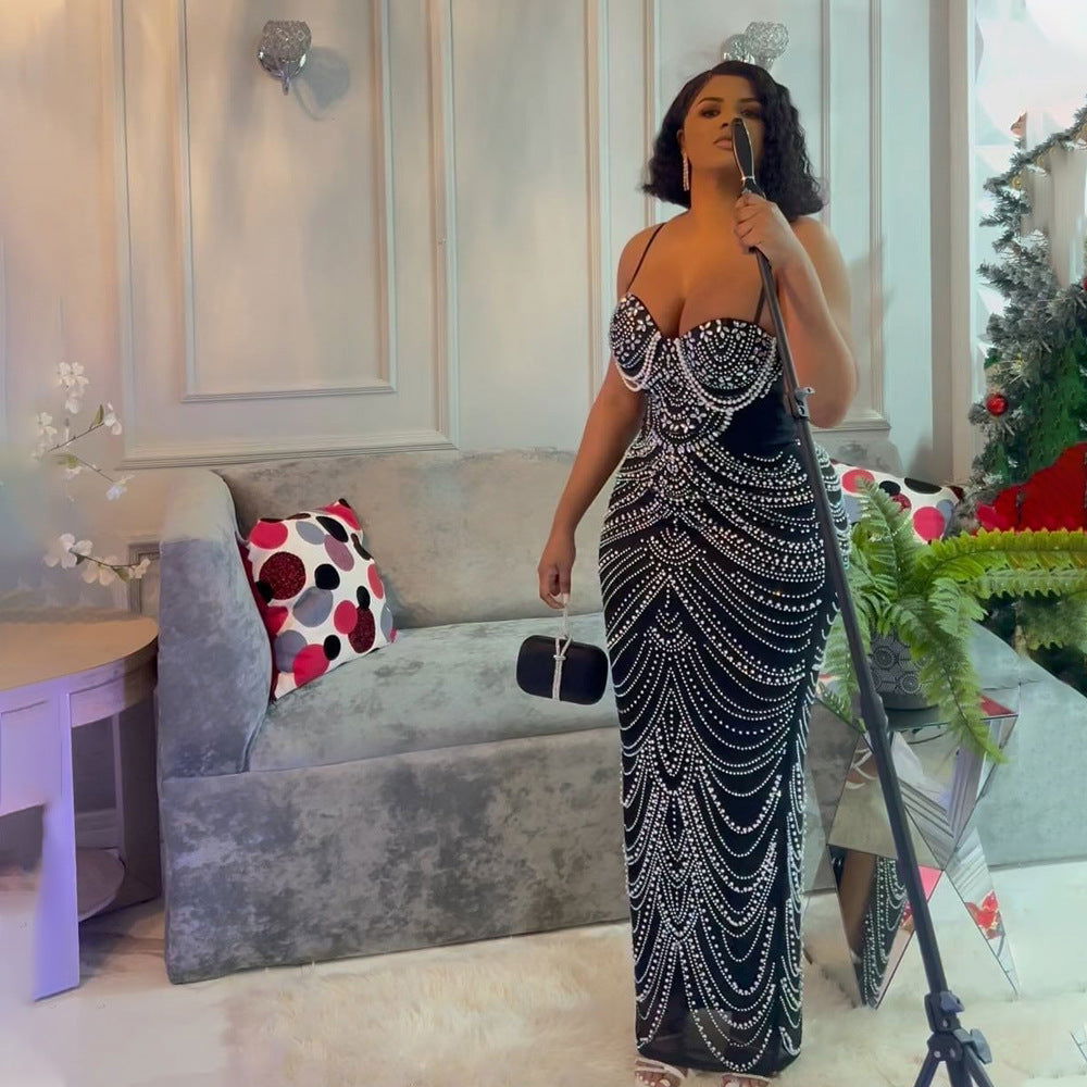 Strap Rhinestone Bubble Ball Evening Dress Maxi Dress for - View 3
