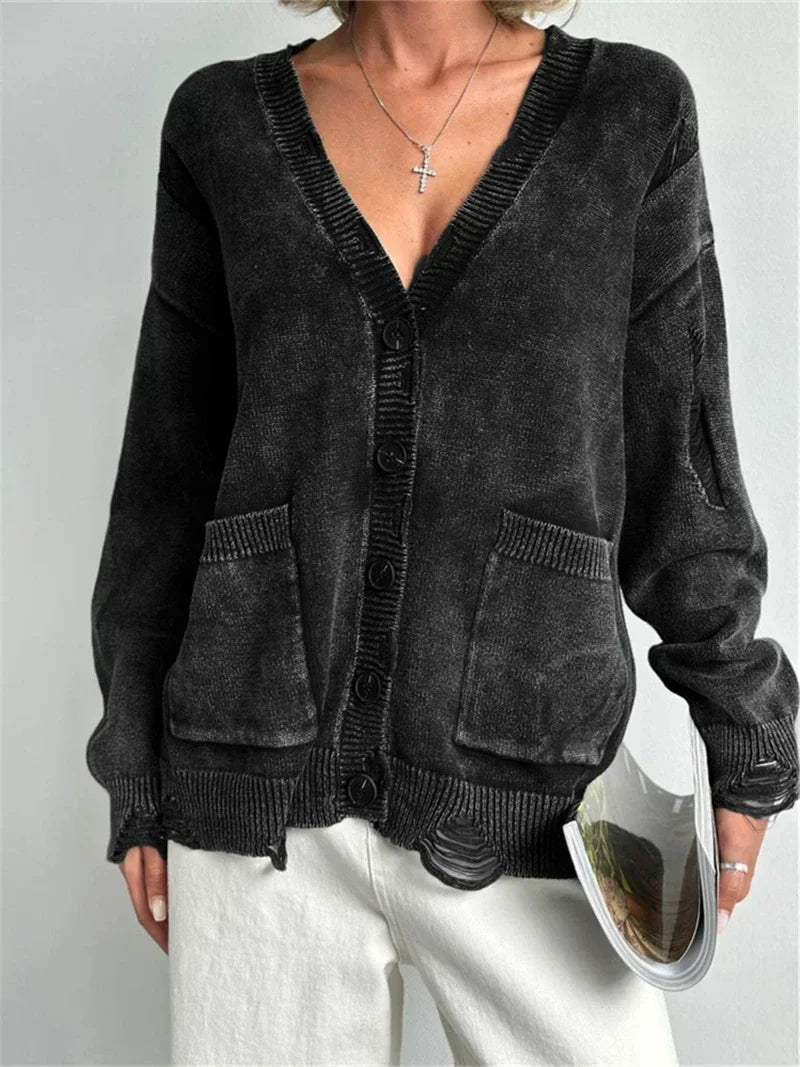 Ragged Button Up Oversized Cardigan Black / S