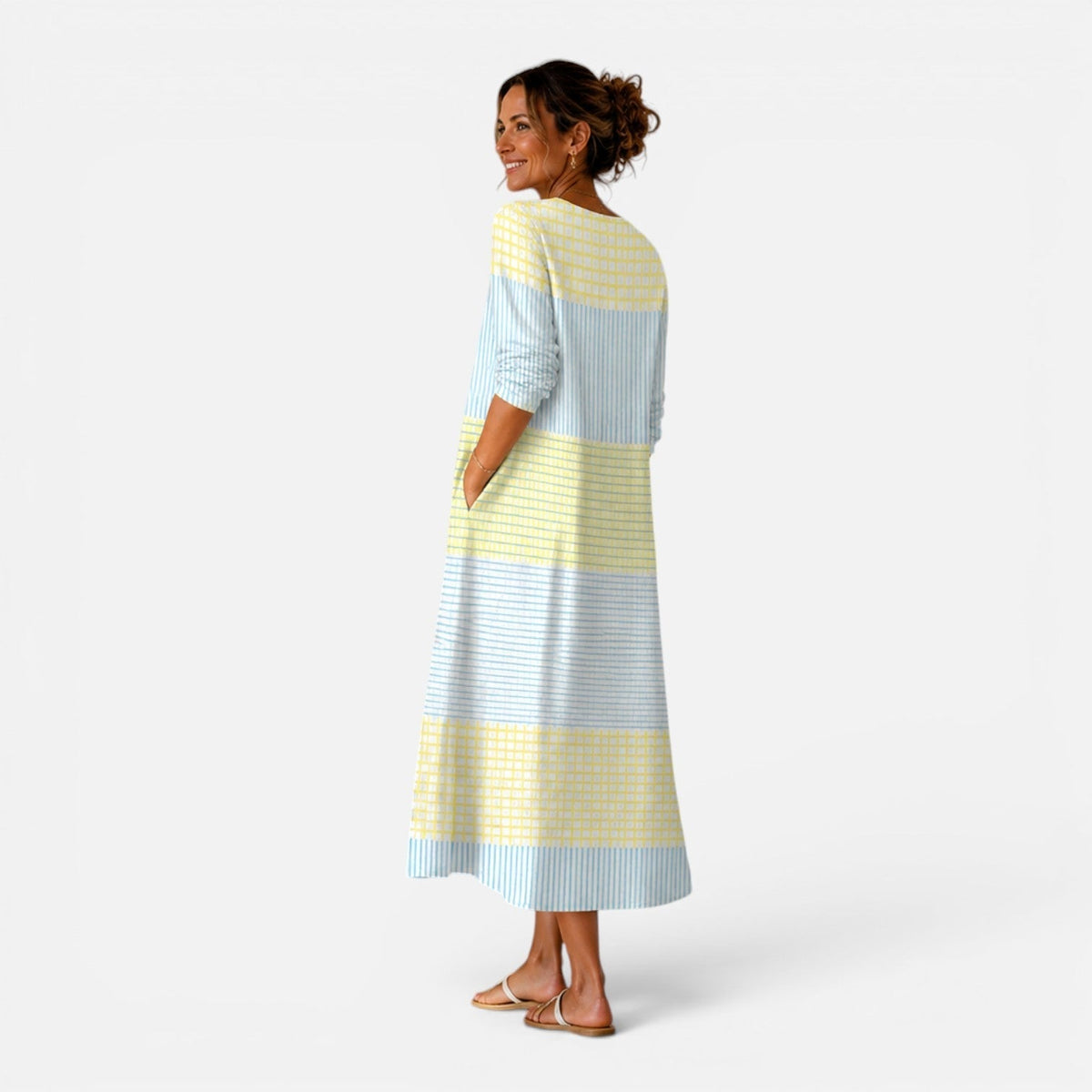 Gingham Check V-Neck Long Sleeve Tiered Midi Dress 2