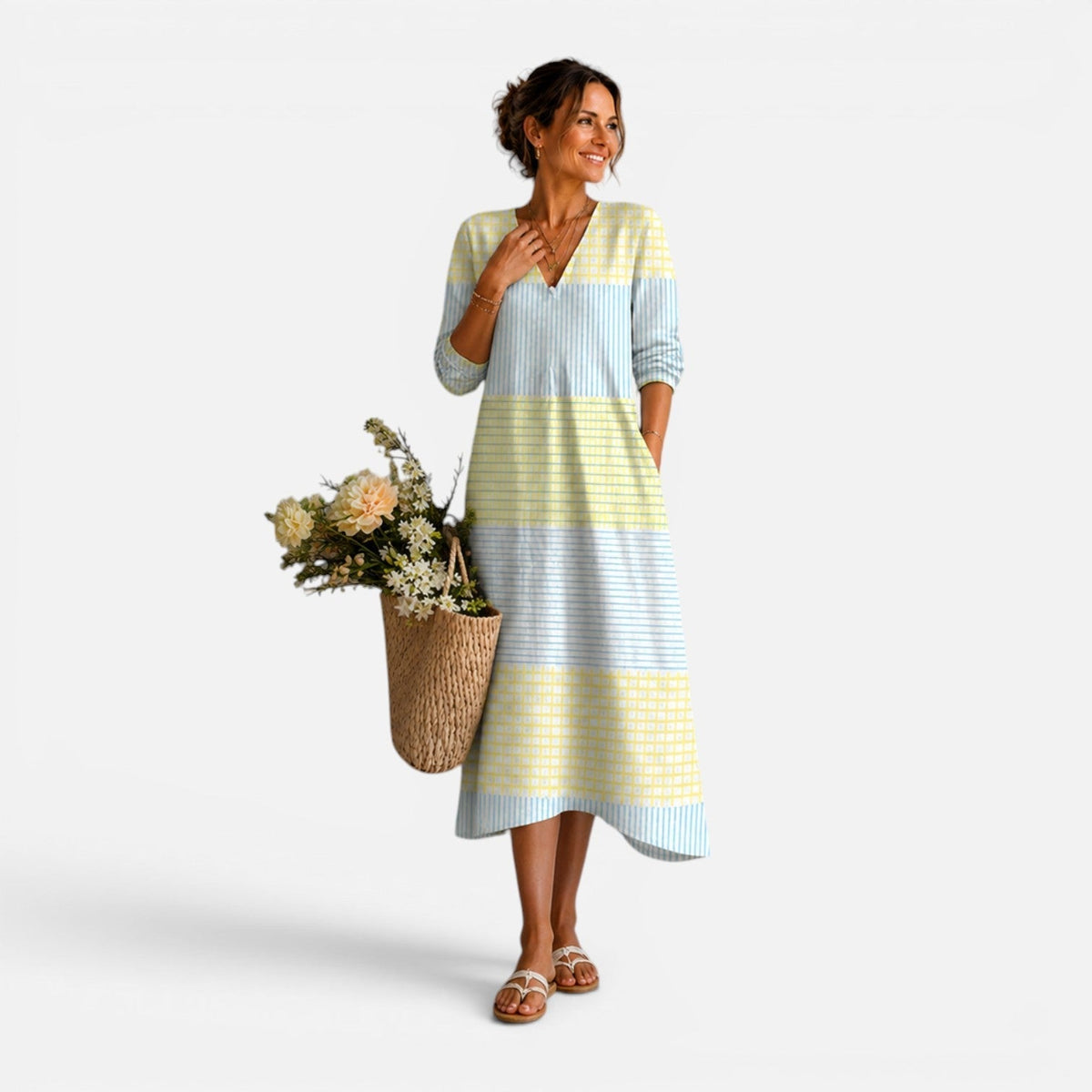 Gingham Check V-Neck Long Sleeve Tiered Midi Dress 3