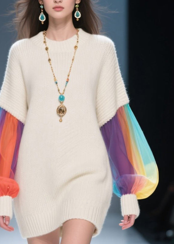 Knit Crew Neck Tulle Lantern Sleeve Ribbed Cuff Mini Sweater Dress - View 2