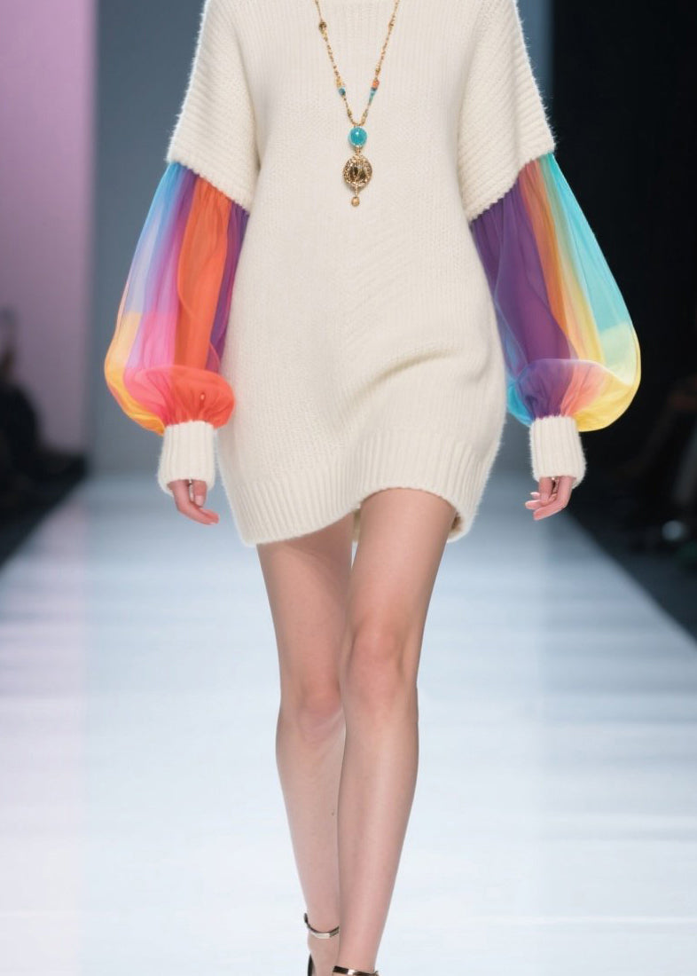 Knit Crew Neck Tulle Lantern Sleeve Ribbed Cuff Mini Sweater Dress - View 4
