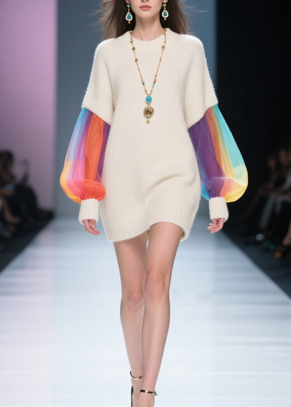 Knit Crew Neck Tulle Lantern Sleeve Ribbed Cuff Mini Sweater Dress - View 5