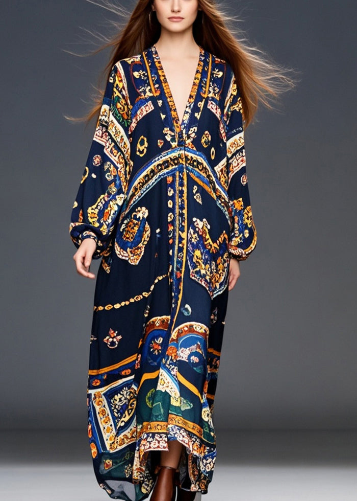 Medallion Print Deep V-Neck Blouson Long Sleeve Chiffon Maxi Dress - View 5
