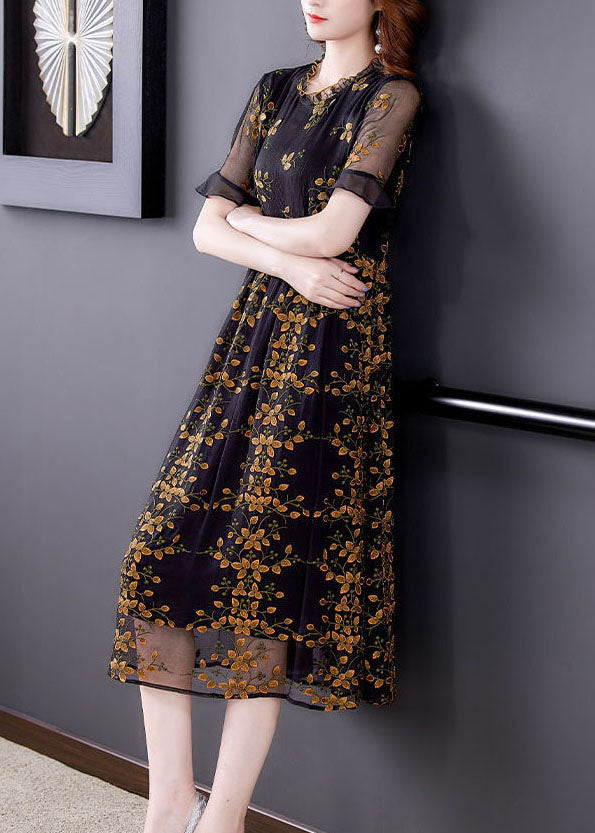 Style Black Ruffled Collar Embroideried Tulle Cinched Dress Summer - View 4