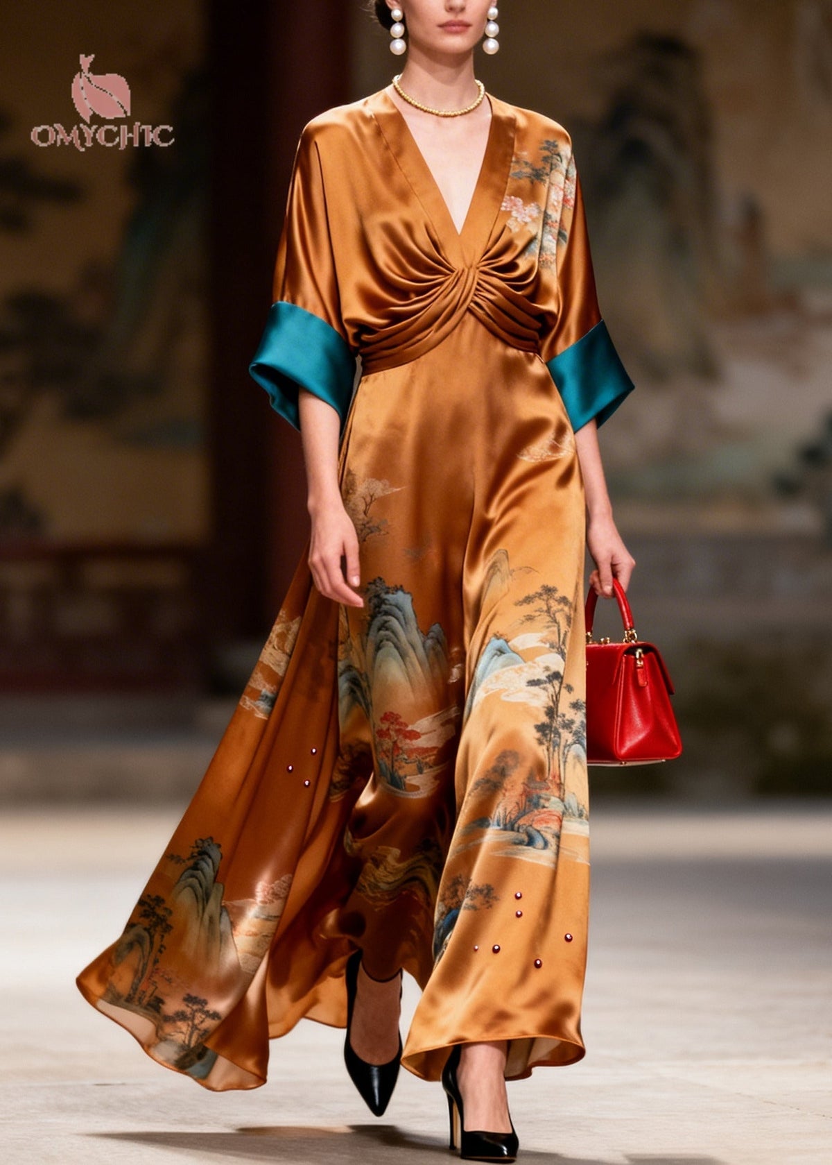 Satin Landscape Print Deep V-Neck Twist Front Maxi Gown