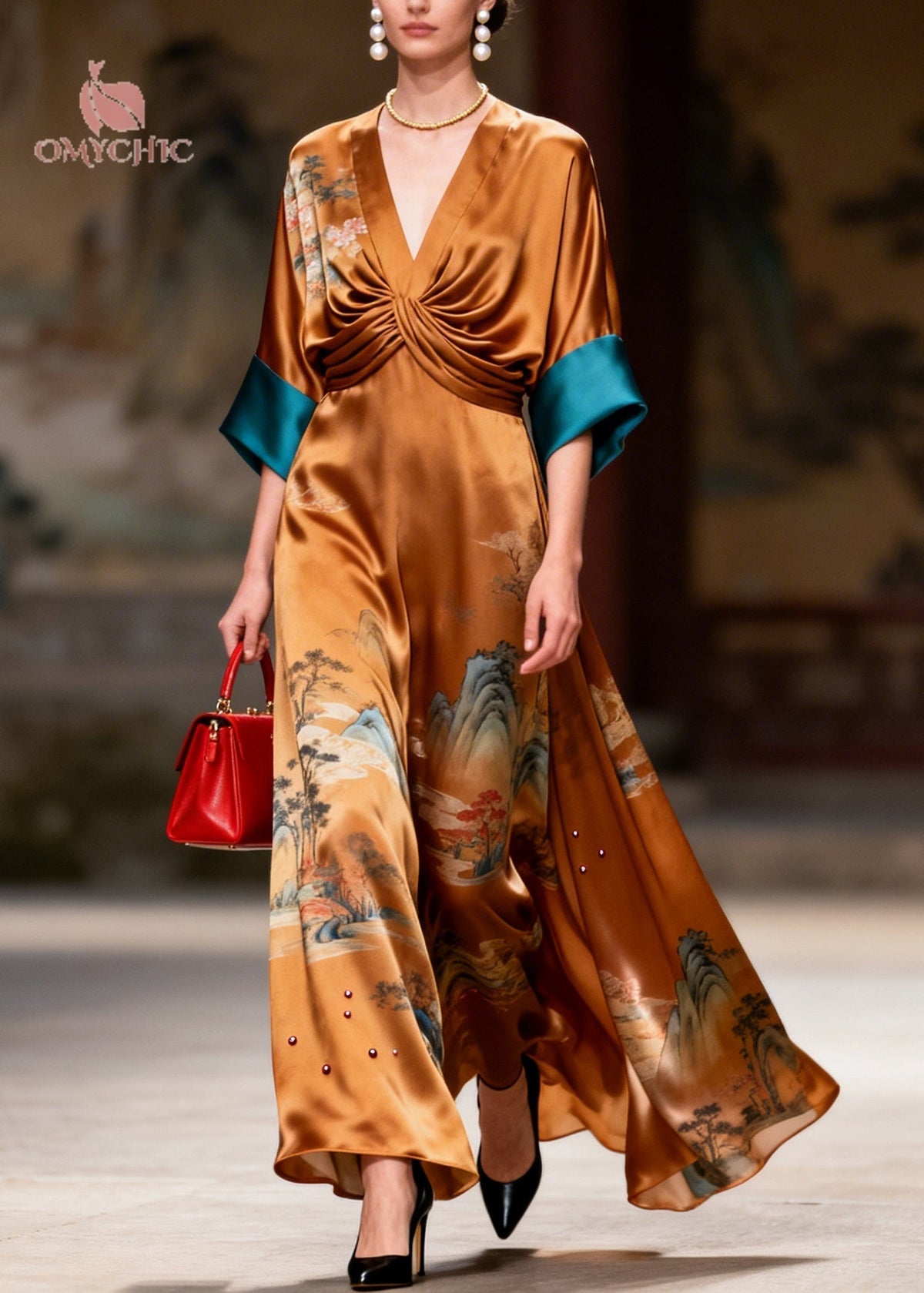 Satin Landscape Print Deep V-Neck Twist Front Maxi Gown - View 3