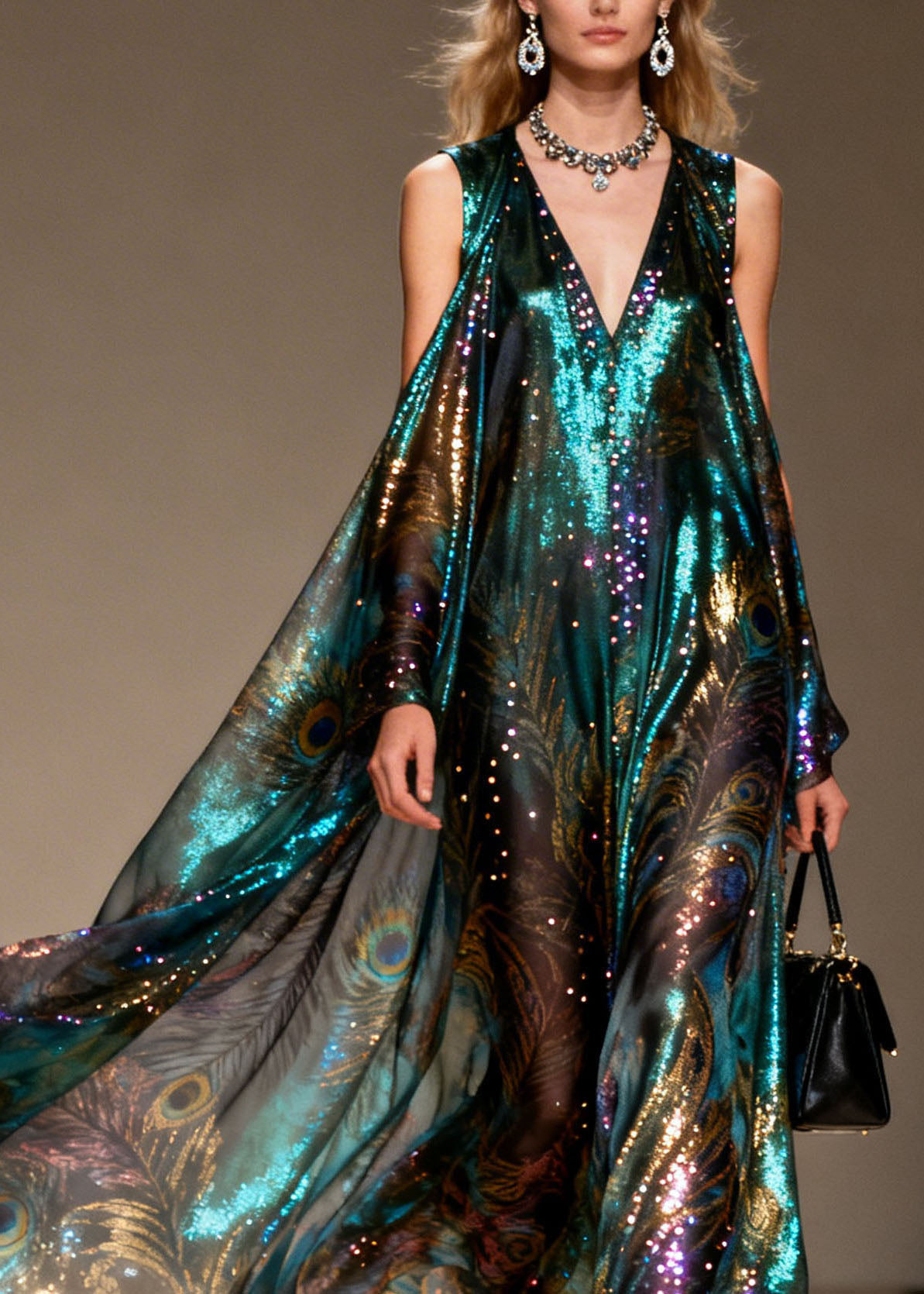 Style Cold Shoulder Print Zircon Chiffon Maxi Dresses Summer - View 2