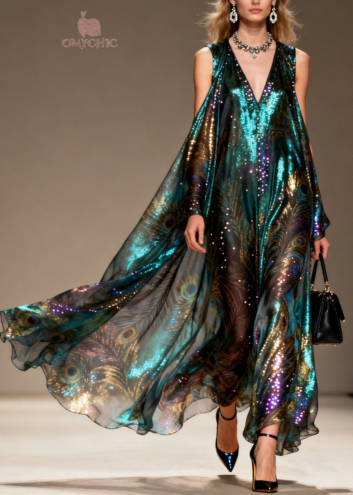 Style Cold Shoulder Print Zircon Chiffon Maxi Dresses Summer - View 5